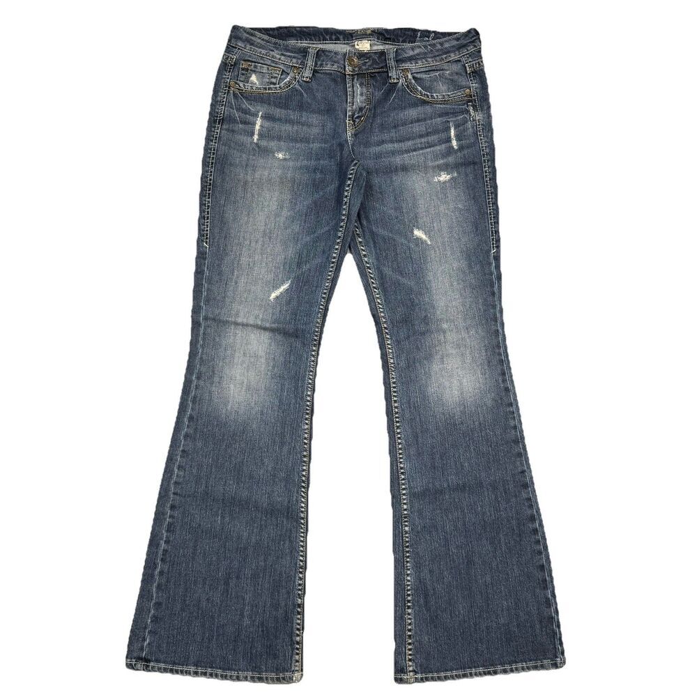 Silver Jeans Lola Womens 31 Flare Bell Low Waist Distress Blue Measures 34 x 33
